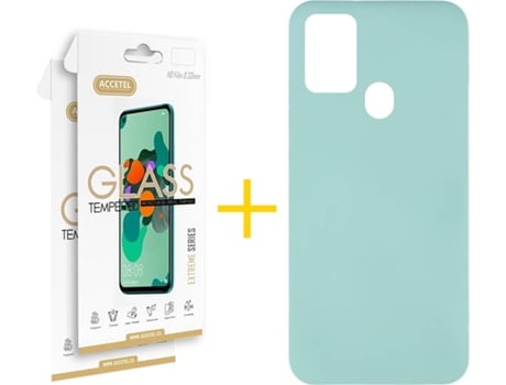Funda y Protector de Vidrio 2 x Samsung Galaxy A21s ACCETEL Silicona Líquida Verde Agua
