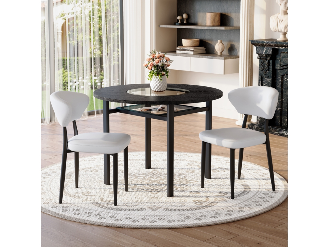 Conjunto De Comedor Redondo 100 Cm - 2 Sillas Pu Con Respaldo Curvo - Blanco Y Negro