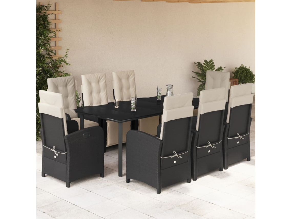 Juego de comedor de jardín de 9 piezas con cojines de mimbre negros de DKD Home Decor