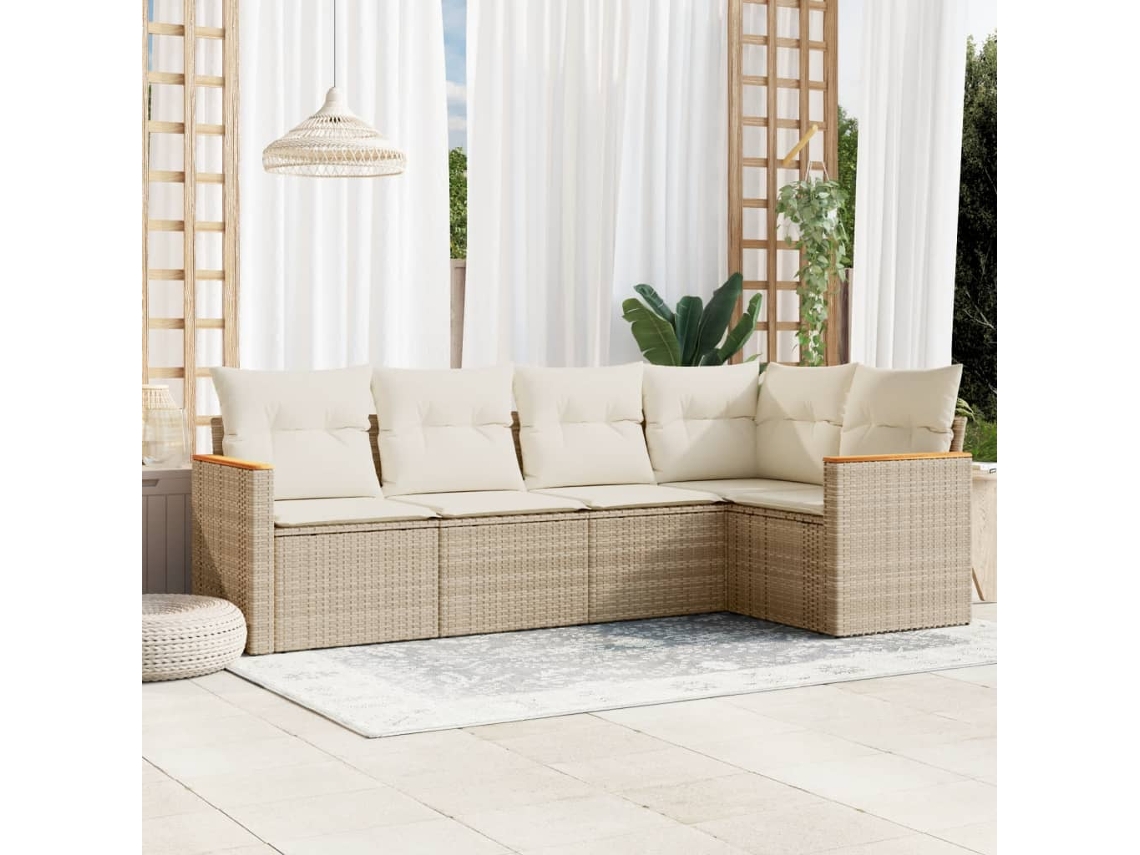 Conjunto de sofá de jardín de 5 piezas con cojines, mimbre sintético beige, Dkd Home Decor