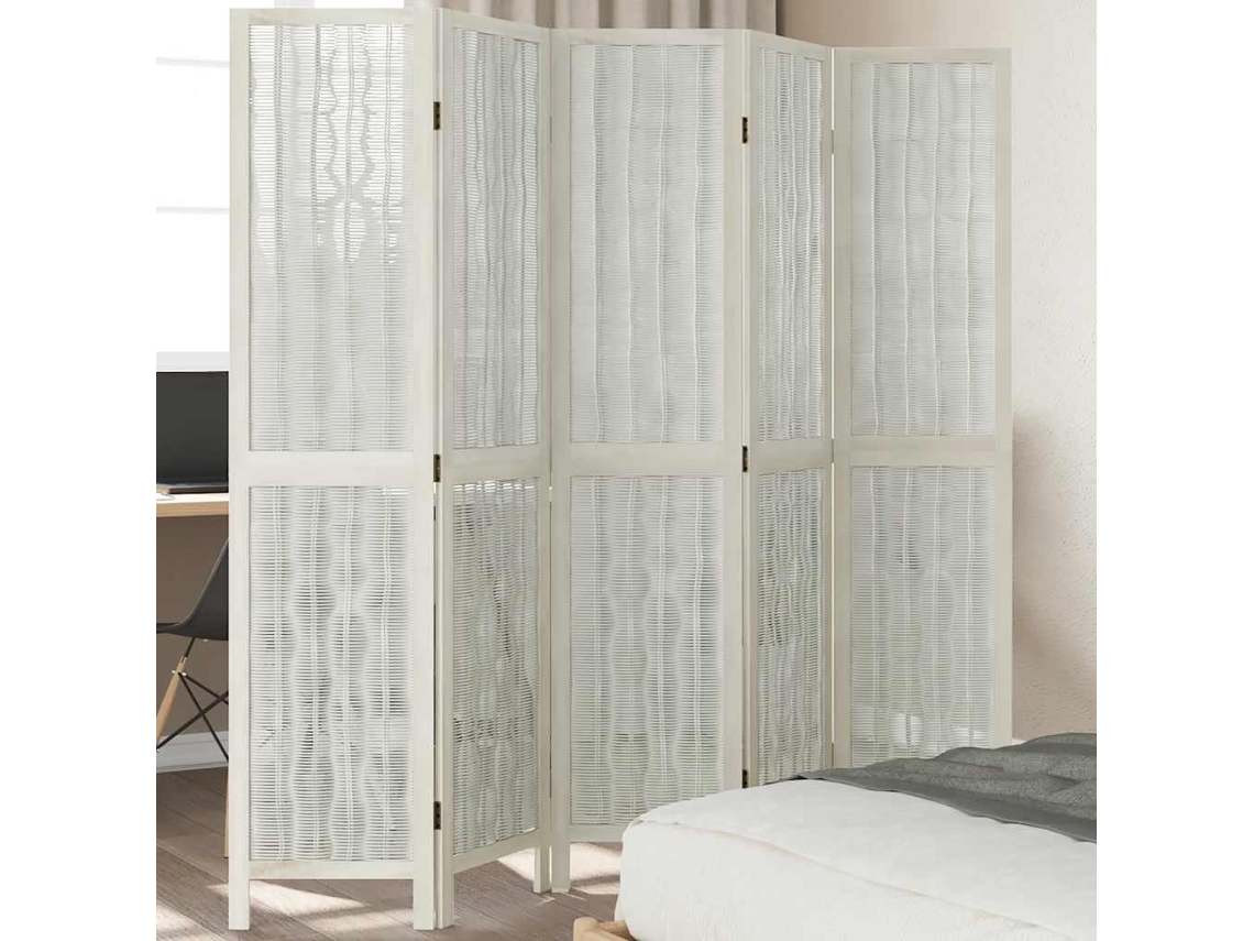 Biombo Separador De 5 Paneles Madera Maciza Paulownia Blanco