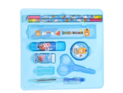 Bonito kit de papelería con dibujos animados, regalo para estudiantes, azul.