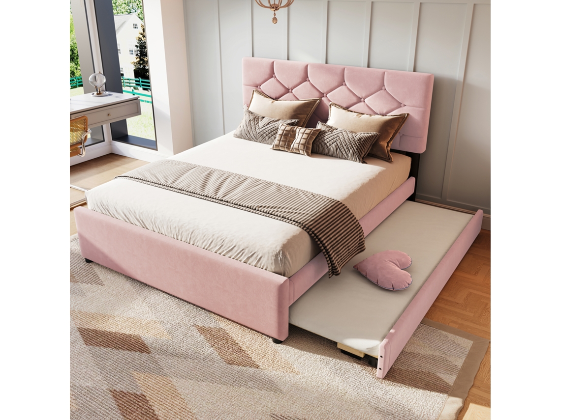 Cama Doble Tapizada De 140x200cm Con Listones Y Contenedor Con Rodillos En Rosa