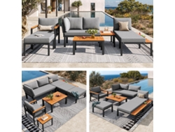 Conjunto De Muebles De Exterior Modular - Combinación Libre, Estructura Metálica Robusta, Cojines Transpirables Y Mesas De Madera - Gris