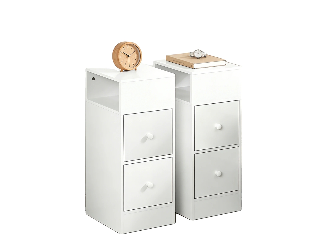 Mesita de noche de diseño minimalista moderno, con amplio espacio de almacenamiento, color blanco.