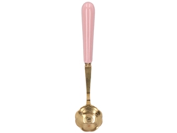 Cucharilla de acero inoxidable con forma de flor y mango rosa.