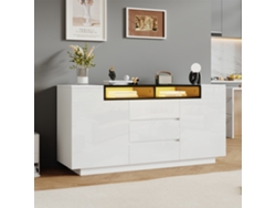 Aparador 140x40x68 cm con 2 puertas en L, 3 cajones, separadores regulables y luces LED, Blanco, Mobrio