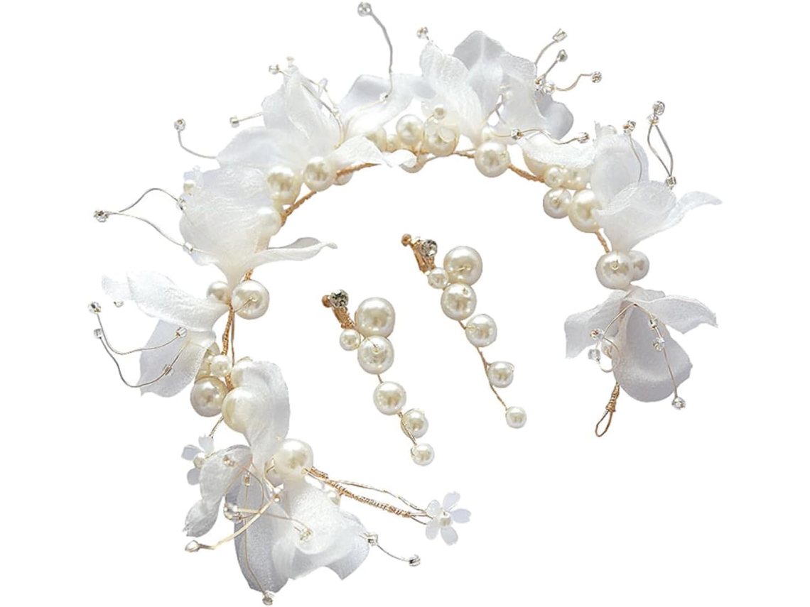 Coroa De Cabelo Com Pérolas Brancas, Acessório Para A Cabeça E Brincos Para Noivos.
