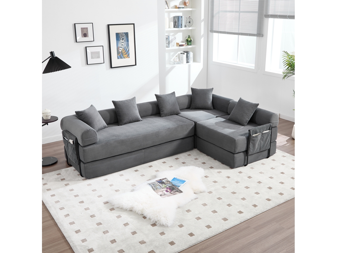 Sofá modular de 4 plazas con almacenaje, funcionalidad modular, apto para mascotas, gris oscuro, Mobrio