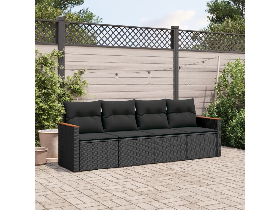 Conjunto de sofá de jardín de 4 piezas con cojines, mimbre sintético negro, Dkd Home Decor