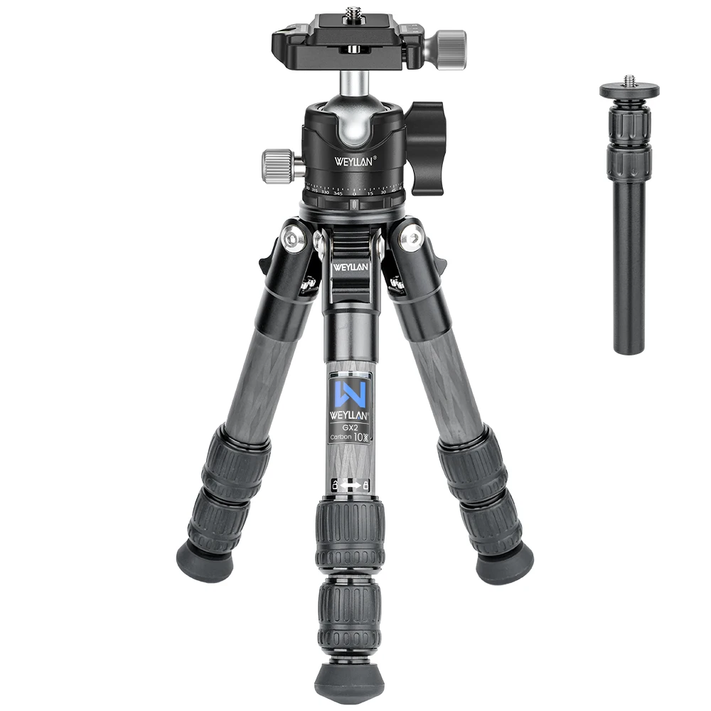 Trípode compacto de fibra de carbono GX2, ligero y portátil, cabezal esférico de 360°, capacidad de carga de 10 kg, para DSLR y teléfonos móviles, con columna central.