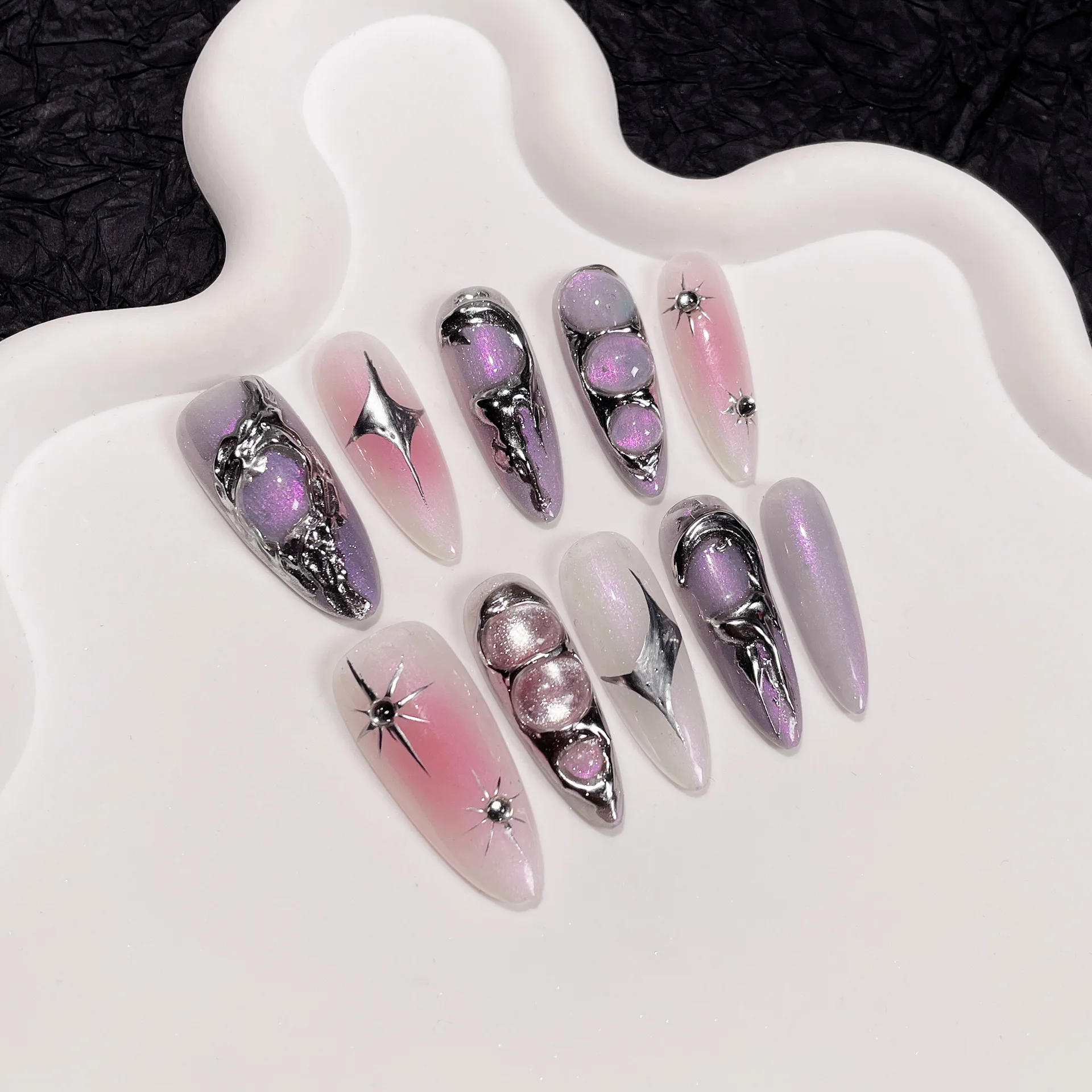 (207-xs) 10 Piezas De Uñas Postizas Con Diseño De Perlas, Hechas A Mano, Con Forma De Almendra Francesa.