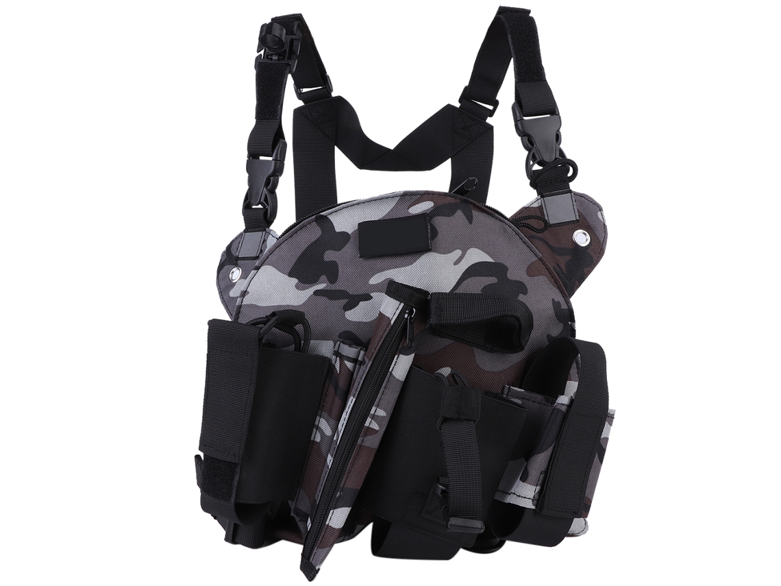 Mochila pectoral Anub para arnés de radio walkie-talkie, camuflaje gris, con bolsillos ajustables y cremallera.
