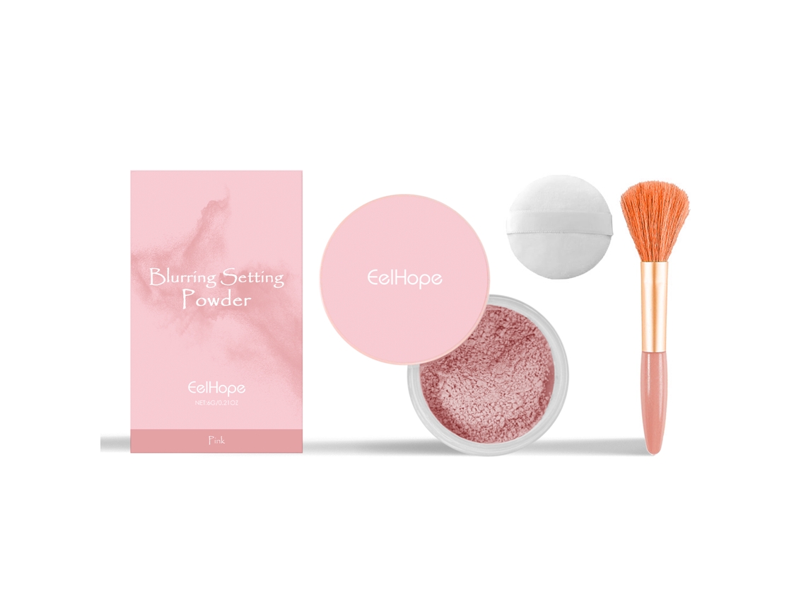 Polvos fijadores rosas con brocha de maquillaje