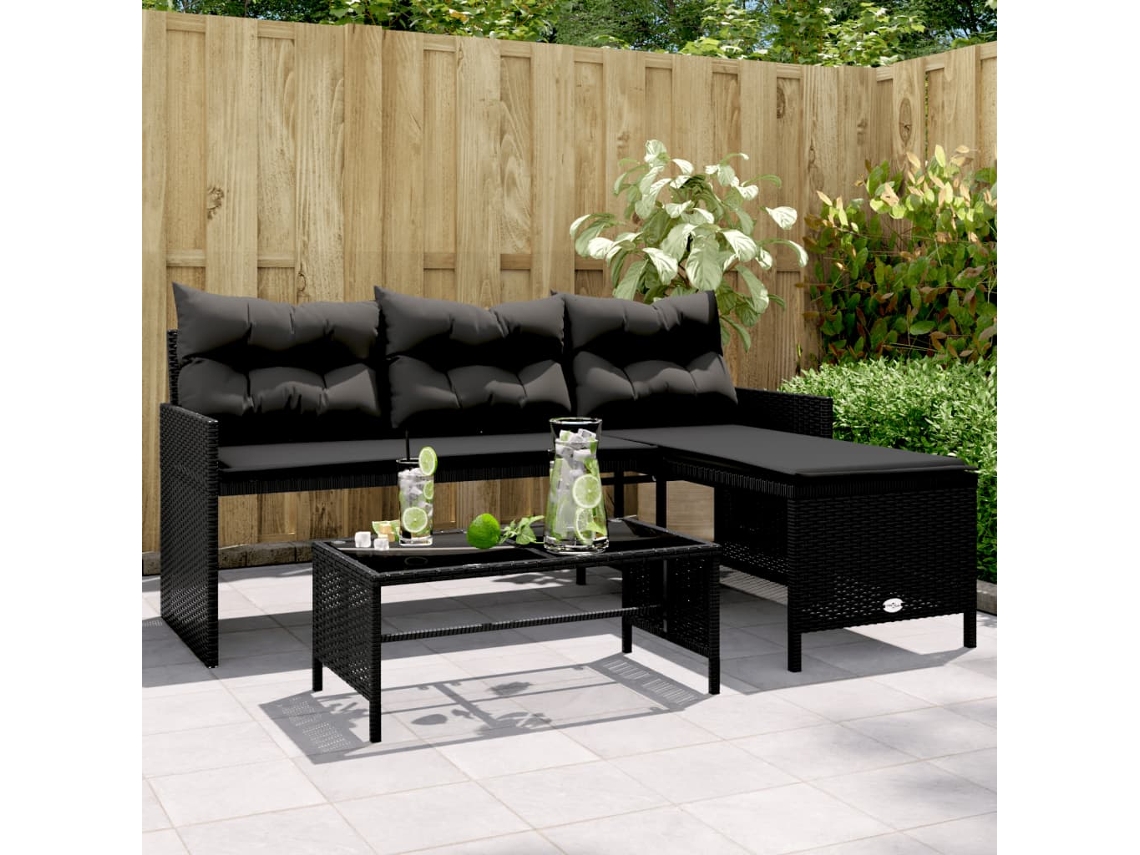 Sofá/mesa de jardín con forma de LC y cojines de mimbre sintético negro, Dkd Home Decor