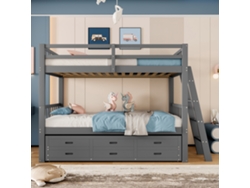 Litera de 90x200 cm con cama supletoria y 3 cajones en madera maciza de pino y MDF gris.