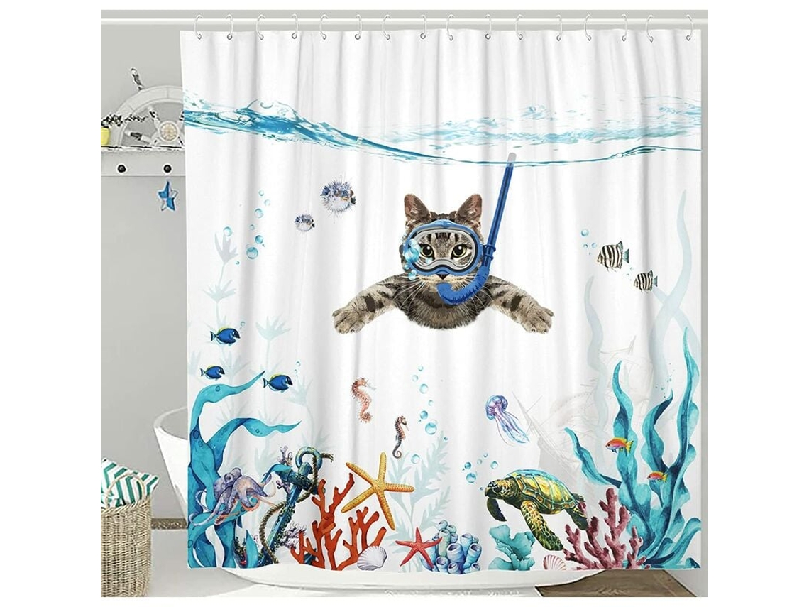 Juego de cortinas de baño azules con diseño de océano y animales. JEIIBRZUI
