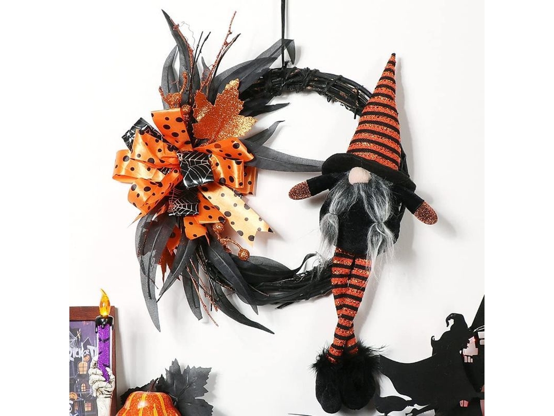 Corona De Halloween Con Gnomo Brujo Y Lazo Para Puerta, Ventana O Pared.