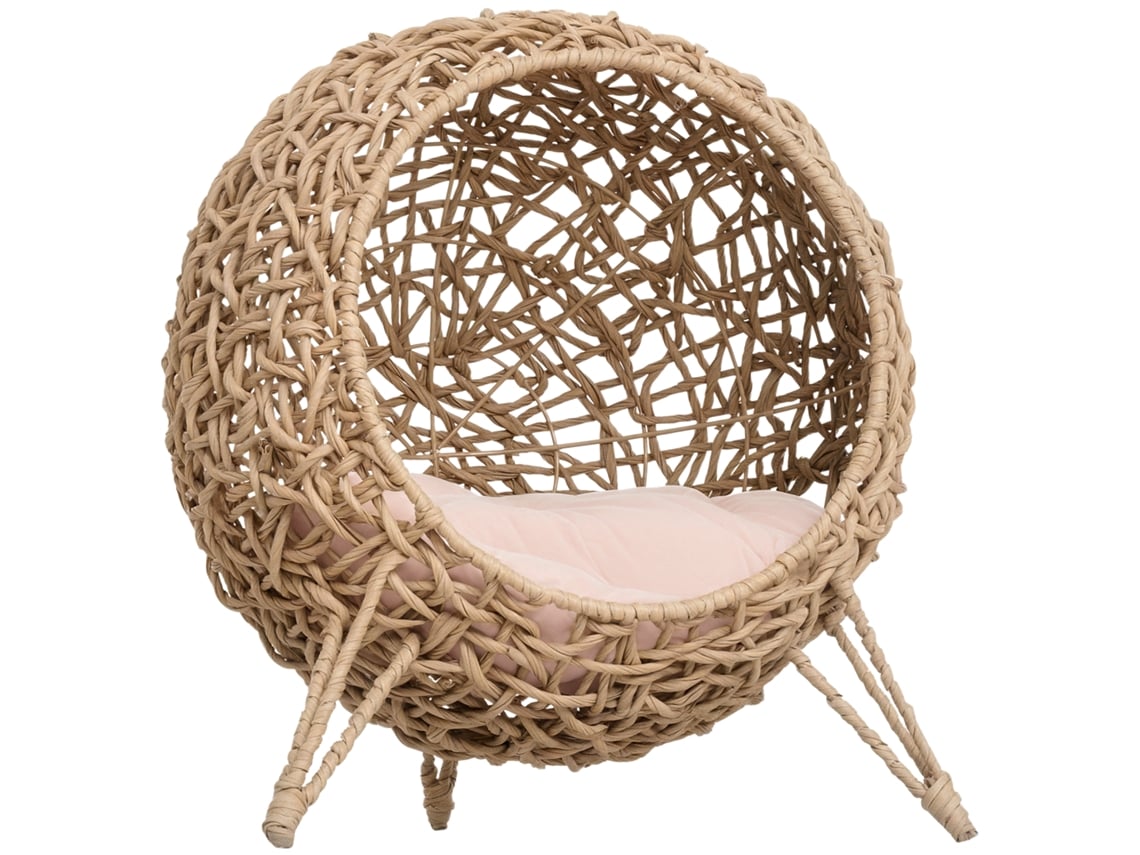 Cueva Para Gatos De Mimbre Con Base De Trípode Y Cojín De Felpa, Φ52x58cm, Madera Natural.