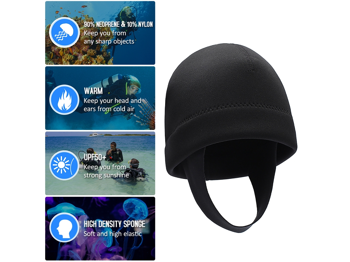 Capucha de neopreno de 2 mm con protección UV para buceo, surf y natación.