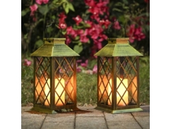Paquete de 2 faroles solares LED con forma de vela, sin llama, clase energética A+++, para decoración de jardines exteriores.