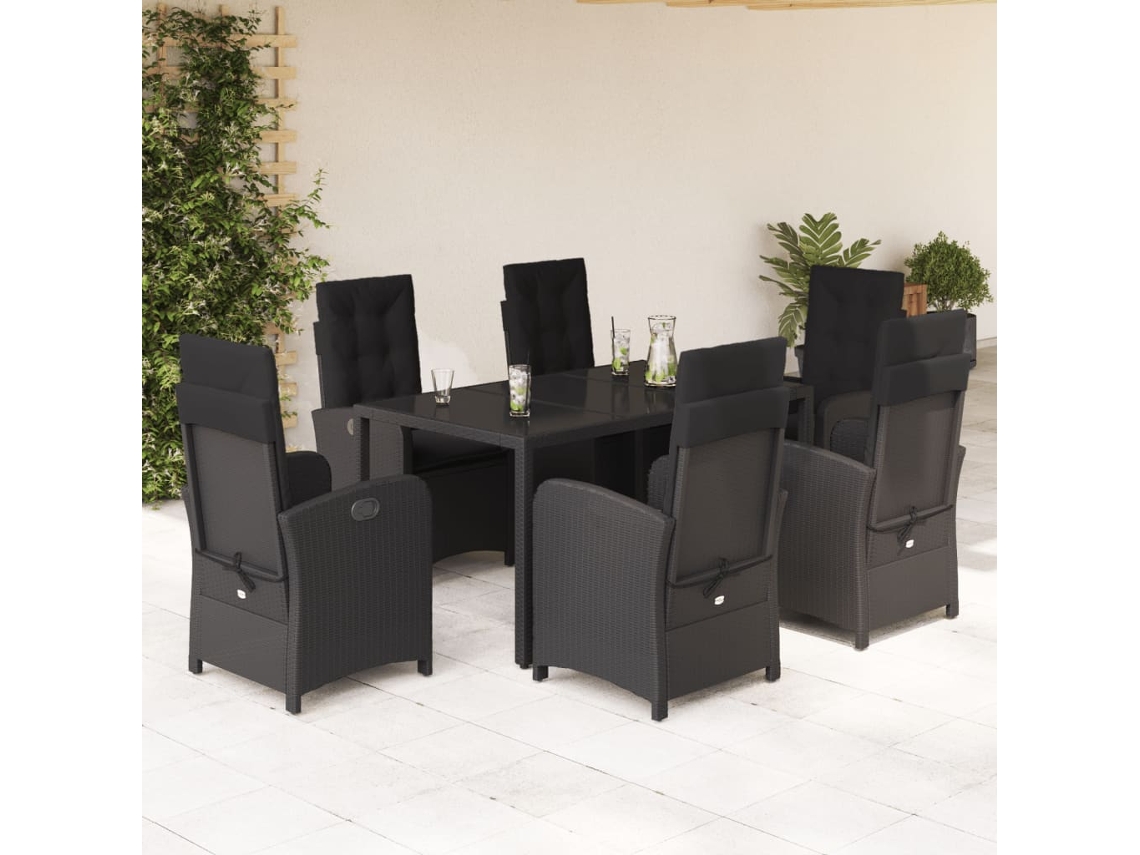 Juego de comedor de jardín de 7 piezas con cojines, mimbre sintético negro, DKD Home Decor