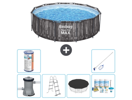 Piscina BESTWAY Round Steel Pro MAX - Impresión en madera - 366 x 100 cm - Bomba incluida - Escalera Accesorios CB24