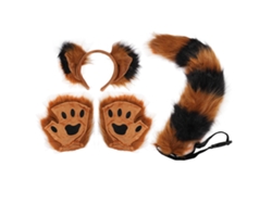 Conjunto Tiara Orelhas De Raposa, Cauda E Luvas Com Garras Para Cosplay E Festas Marrom Preto