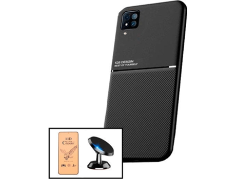 Kit Funda Magnetic Lux, Cristal Templado CeramicGlass Full Cover y Soporte Magnético de Coche Samsung Galaxy M22 PHONECARE Negro