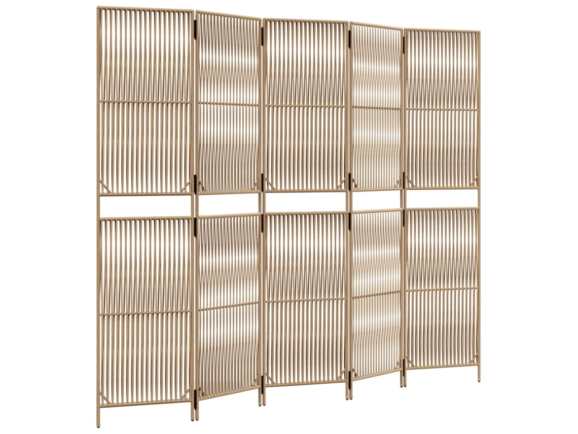 Biombo divisor de ambientes, 5 paneles en resina tejida beige, marco de acero Dec030939