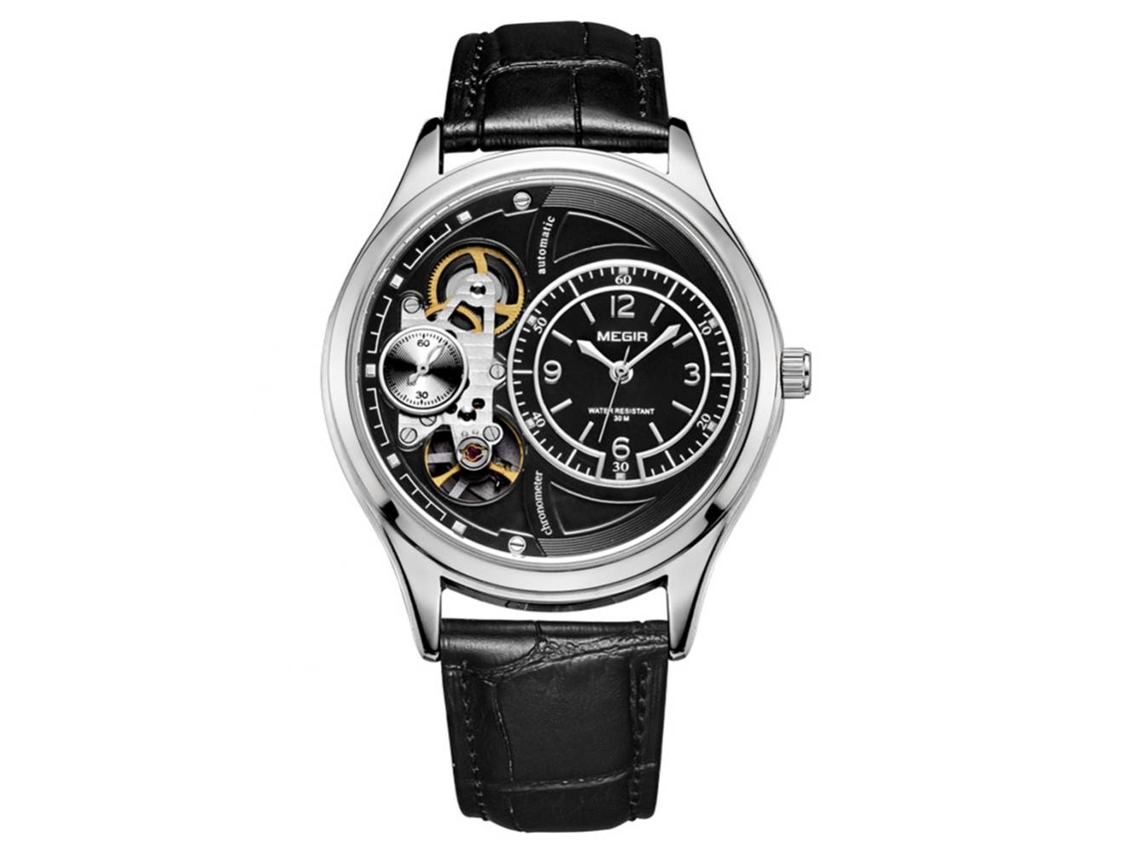 Reloj De Cuarzo Para Hombre Megir De Cuero Pu Hueco Impermeable (cinta Negra Caja Blanca Dial Negro)
