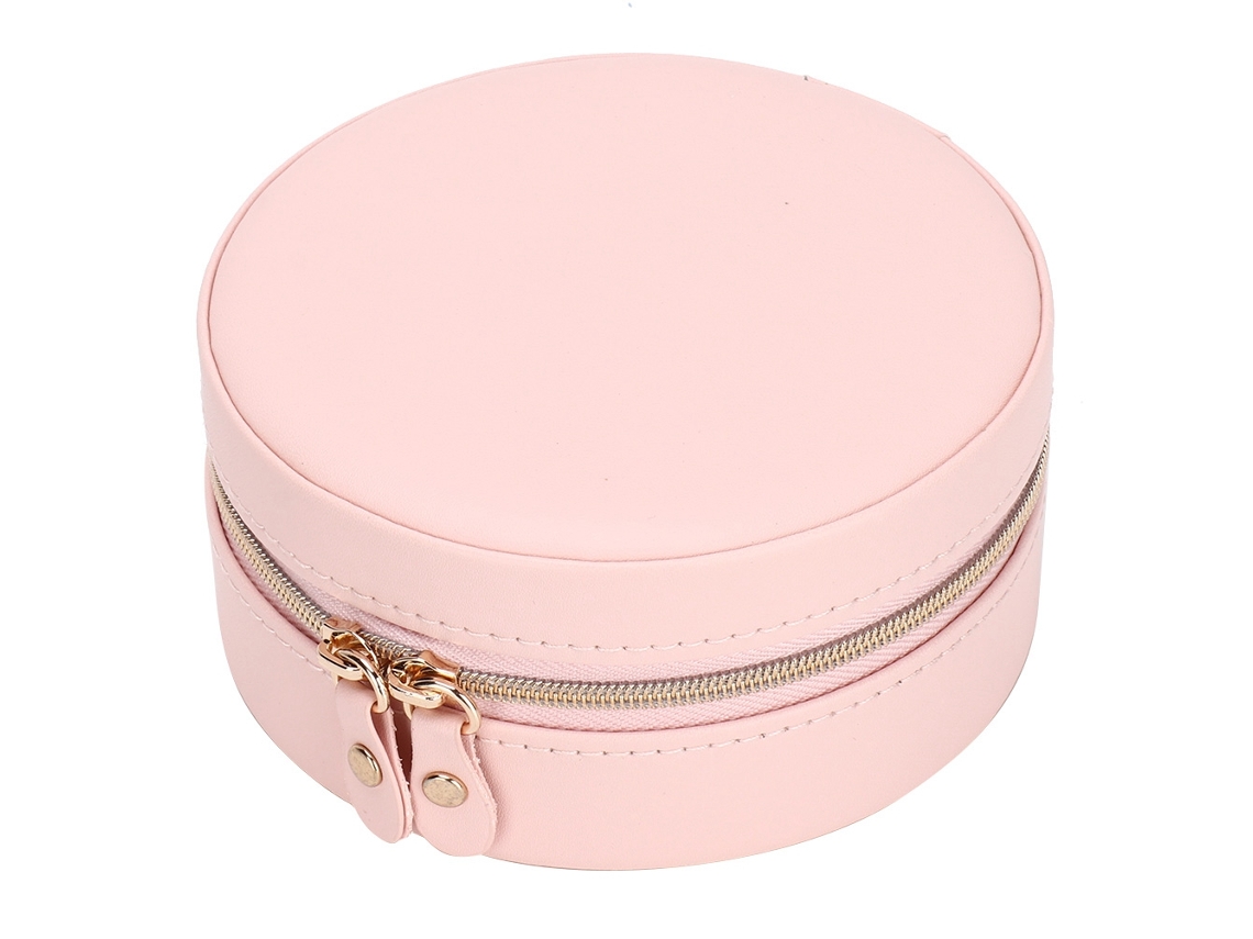 Estuche organizador portátil de pendientes de piel sintética rosa, redondo