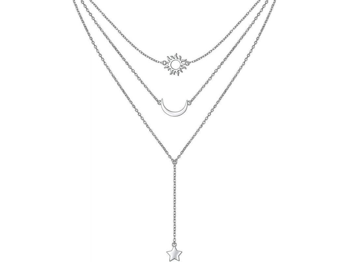 Cadena De Collar De Plata Esterlina S925 De Tres Capas Con Extensor Para Mujer Estilo Geométrico Sol Luna Estrella