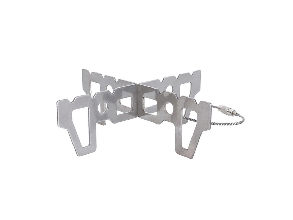 Soporte para hornillo de alcohol de acero ligero y resistente a la corrosión, ideal para mochileros y campistas.