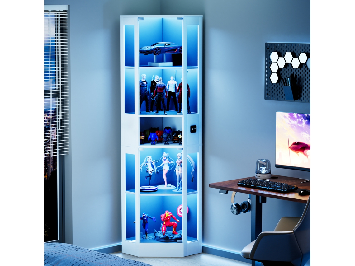 Vitrina De Cristal Con 5 Niveles, Iluminación Led, Puertas De Cristal Y Sensores - Blanca