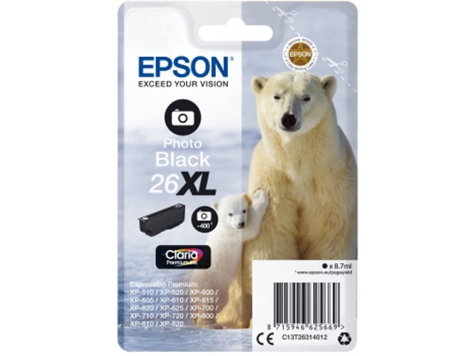 Cartucho de tinta original EPSON, 26XL, Oso polar 8,7 ml , Negro foto, C13T26314012, T2631