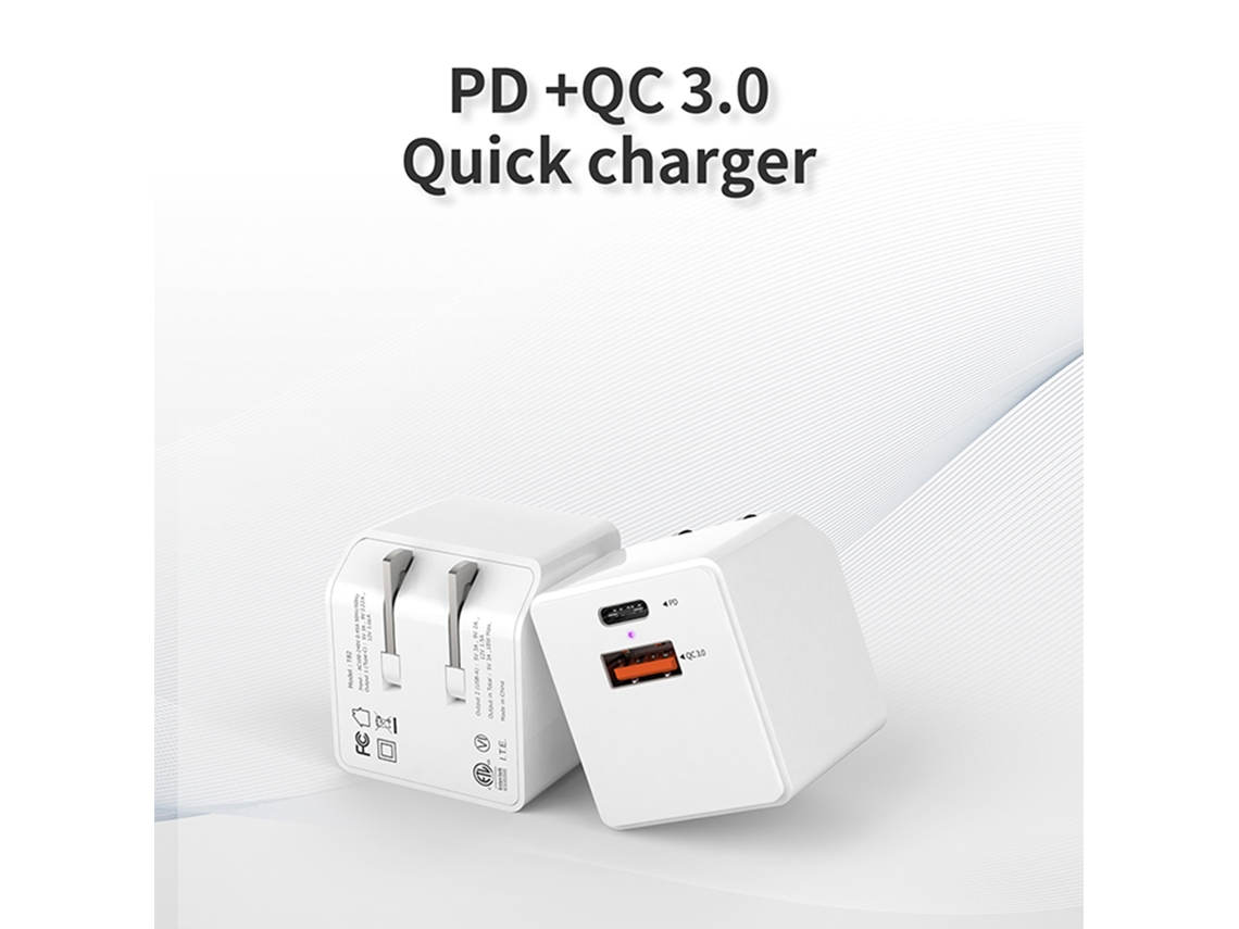 Cargador (carga Rápida Pd20w Qc3.0 Puerto Doble) Adaptador De Energía Con Enchufe Plegable Blanco