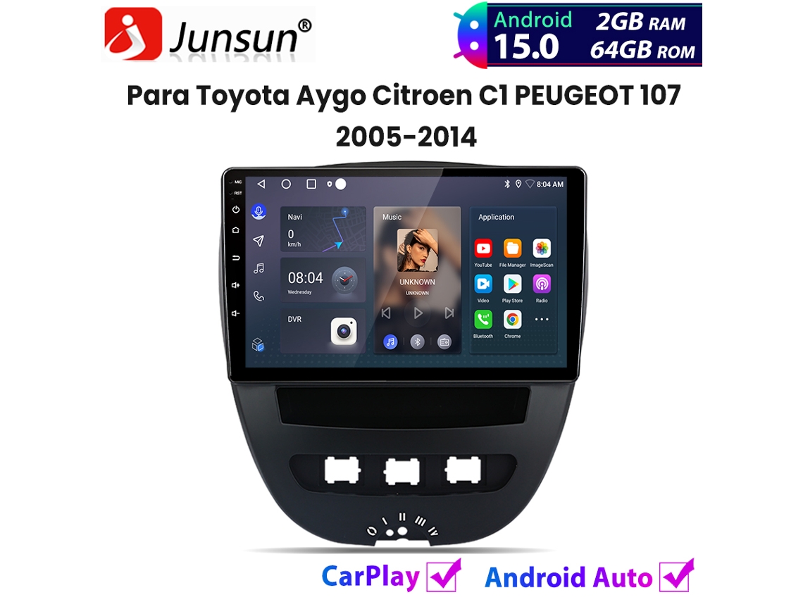 Radio Para Coche Junsun Android 15 Carplay Para Toyota Aygo, Citroën C1, Peugeot 107 (2005-2014), Gps, Navegación, Bluetooth, Fm, Wifi, 2+64 Gb