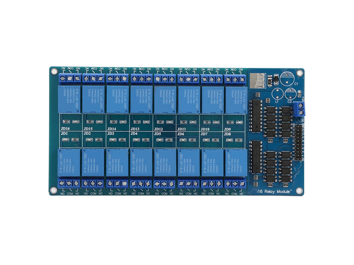 Módulo De Relés De 16 Canales Y 5 V Con Protección Mediante Optoacoplador Y Placa De Control Por Microcontrolador.