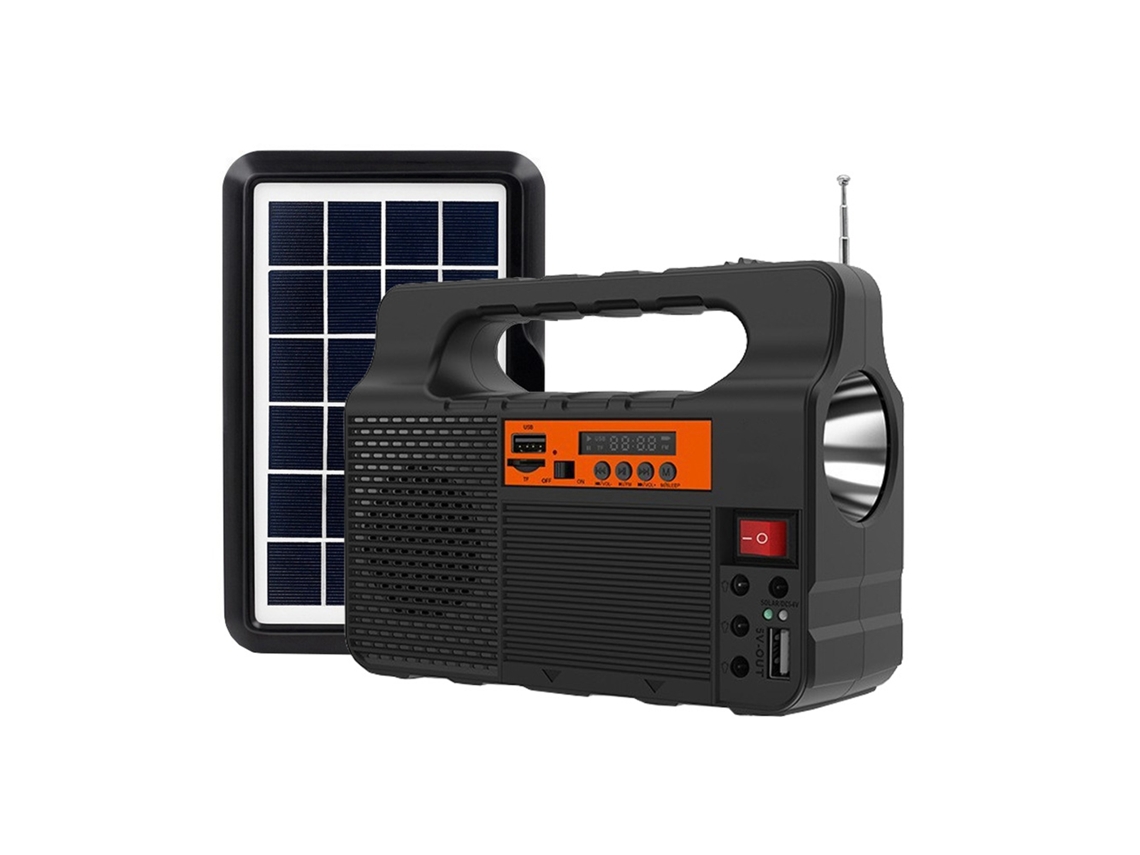 Generador solar portátil de 3600 mAh con panel, radio, altavoz, cargador y linterna.