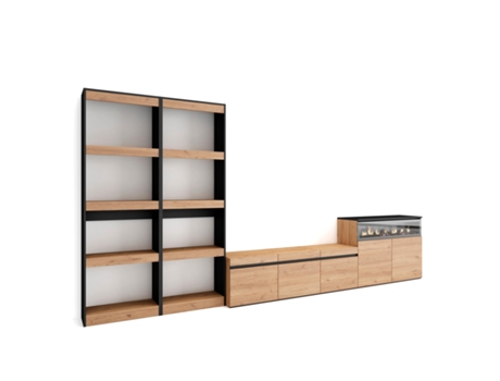 Muebles de Salón para TV 370x186x35cm Para TV hasta 65 Chimenea eléctrica Roble y negro