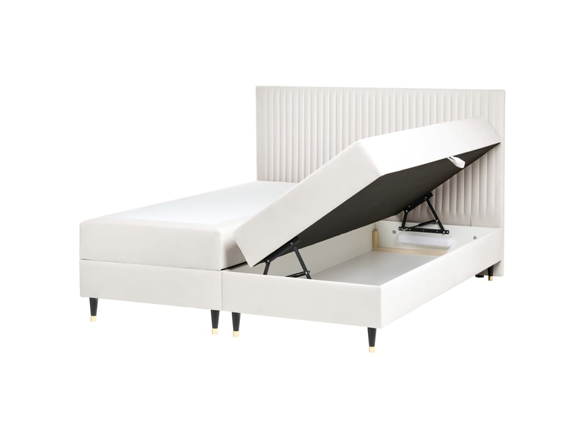 Cama Continental Con Almacenaje Beliani Dame De Terciopelo Blanco 182x207x124