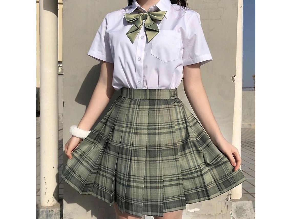 Falda plisada Rebe, estilo uniforme escolar japonés, cintura alta, corte en línea A, estampado a cuadros, para mujer, talla L, Bamboo Forest