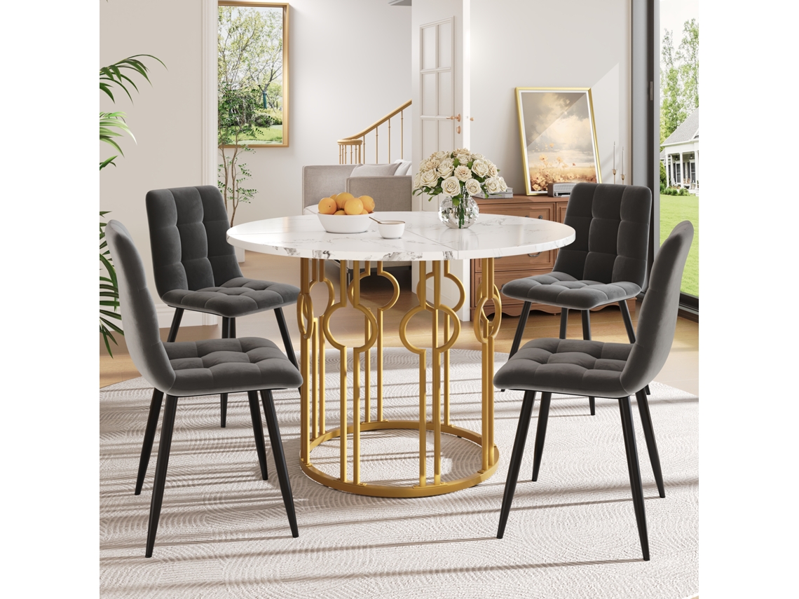 Conjunto Mesa Y Sillas 100 Cm - Mesa Redonda Con Patas Metálicas Doradas - Samt Gris Oscuro