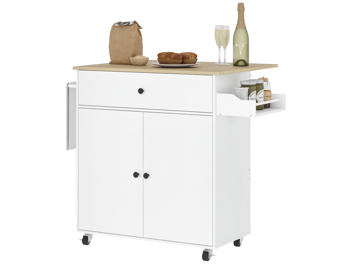 Isla De Cocina Con Tapa Abatible, 2 Puertas, Cajón, Especiero, Toallero, Roble Blanco, 106x42x87
