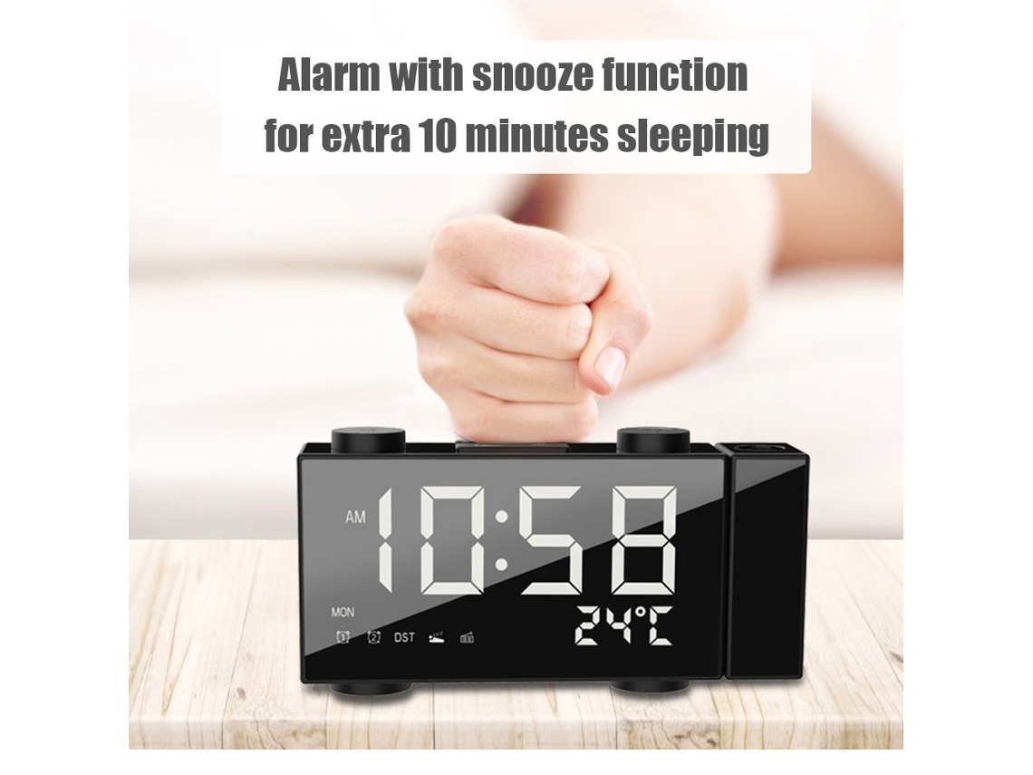 Reloj despertador Baok con proyección de 180°, radio FM, pantalla LED de 6 pulgadas, doble alarma, función de repetición, puerto USB y visualización de la temperatura, ideal para el dormitorio, la cocina y la oficina.