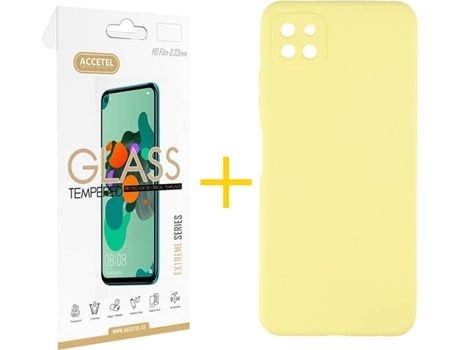 Carcasa y Protector de Pantalla de Vidrio Samsung A22 5G ACCETEL Silicona Líquida Amarillo