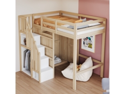 Cama alta 90x200 cm con escalera de seguridad, armario de almacenaje, color madera natural, Mobrio
