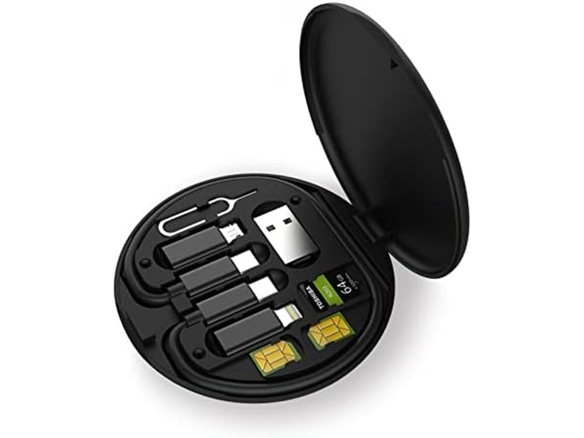 Adaptador Multifuncional Para Estuche De Almacenamiento De Cables De Datos Para Dispositivos Lightning, Usb-c Y Micro-usb - Negro