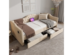 Cama con cajones 90x200 cm tapizada en terciopelo con función de relleno y somier de láminas beige (colchón no incluido)